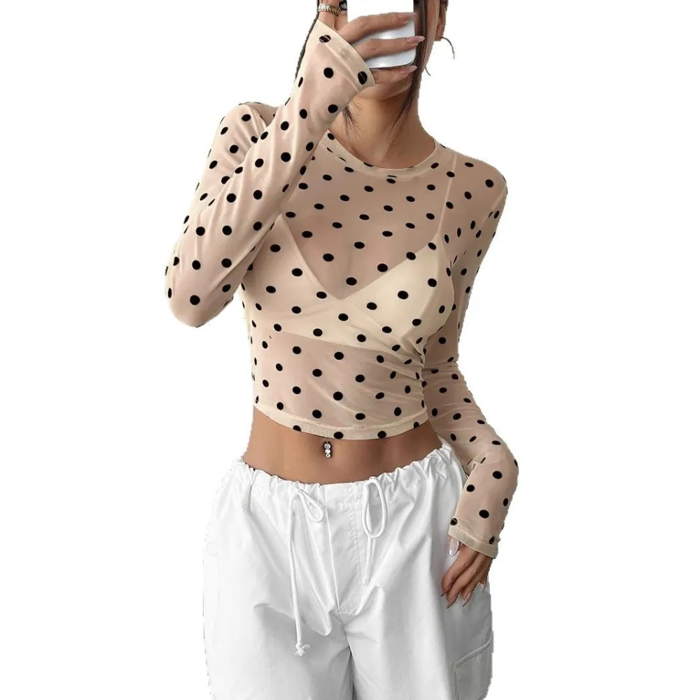 Polka Dot Mesh Long Sleeve Blouse