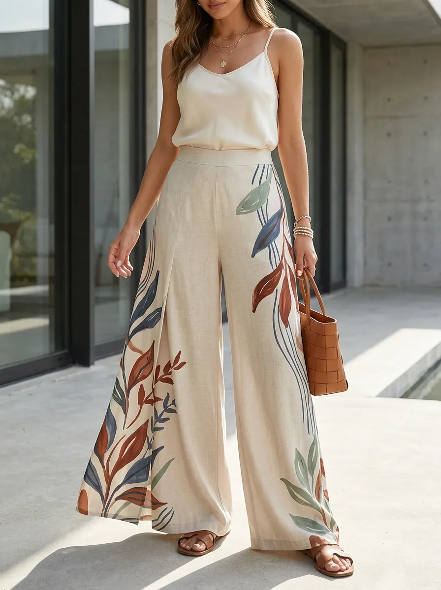 Women's Botanical Art Abstract Leaf Patterned High-Waist Wide-Leg Pants