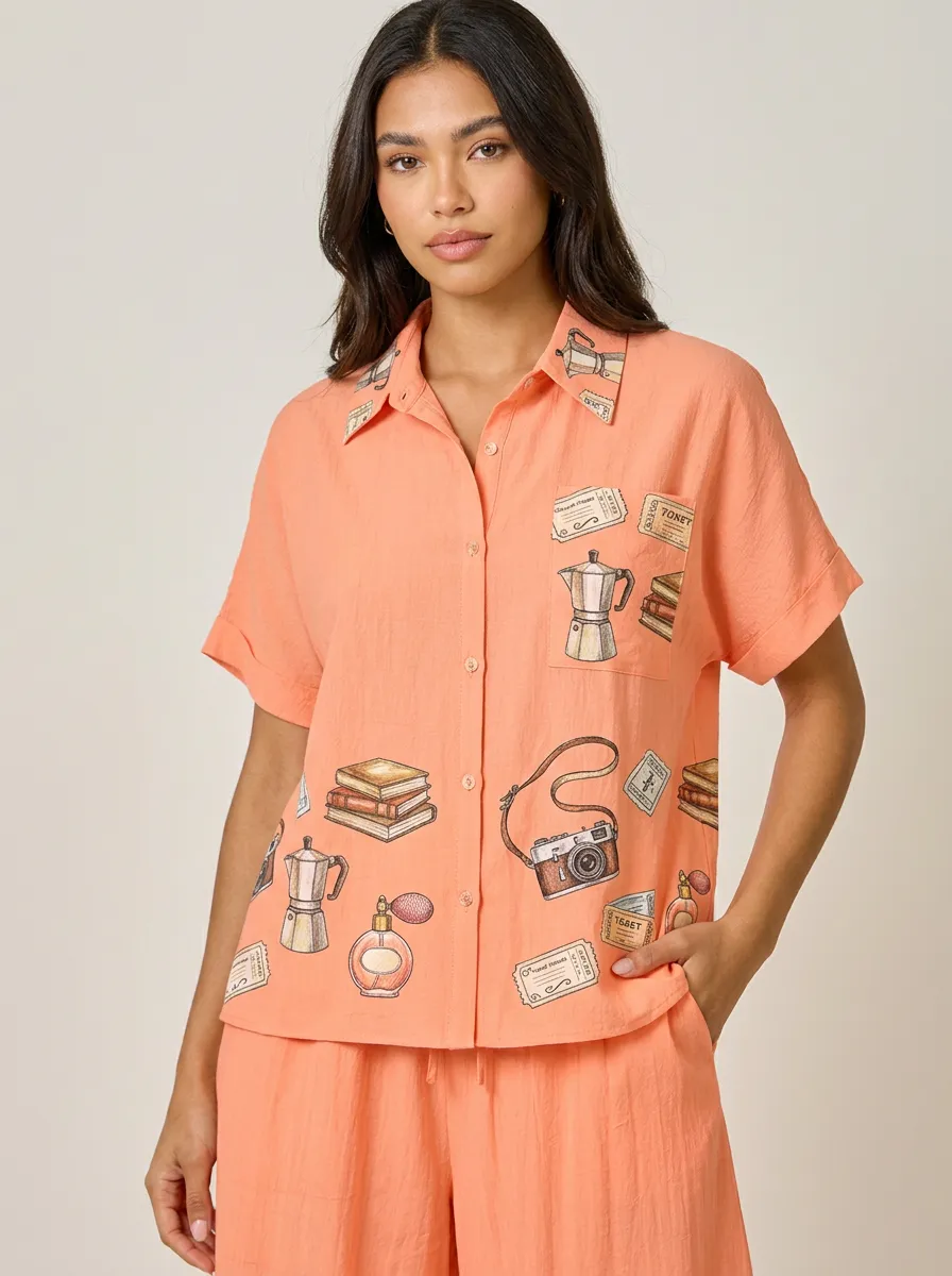 Women's Travel Hobbyist Camera Coffee Book Printed Shirt