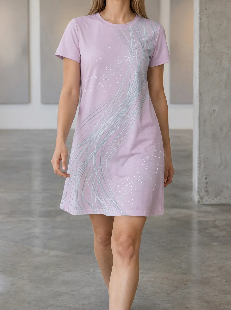 Women's Abstract Minimalist Line and Star Printed T-shirt Dress