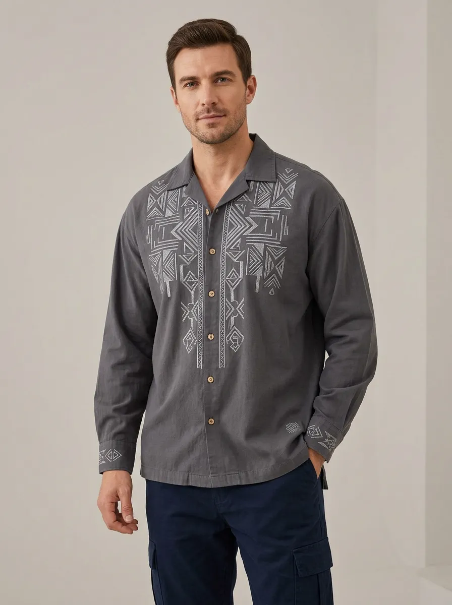 Men's Geometric Tribal Embroidered Refined Shirt