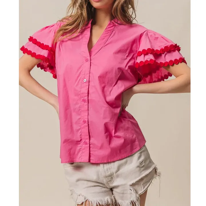 Dot Trim Flutter Sleeve Notched Top
