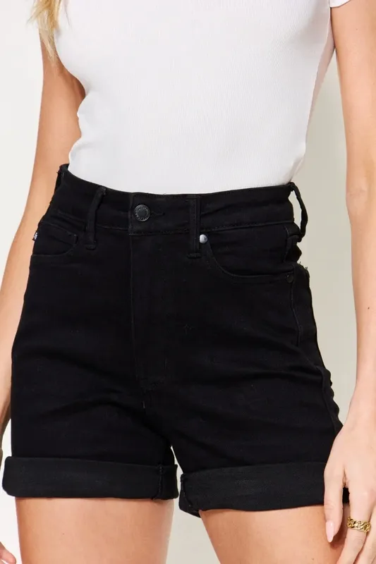 High-Waist Tummy Control Cuffed Denim Shorts