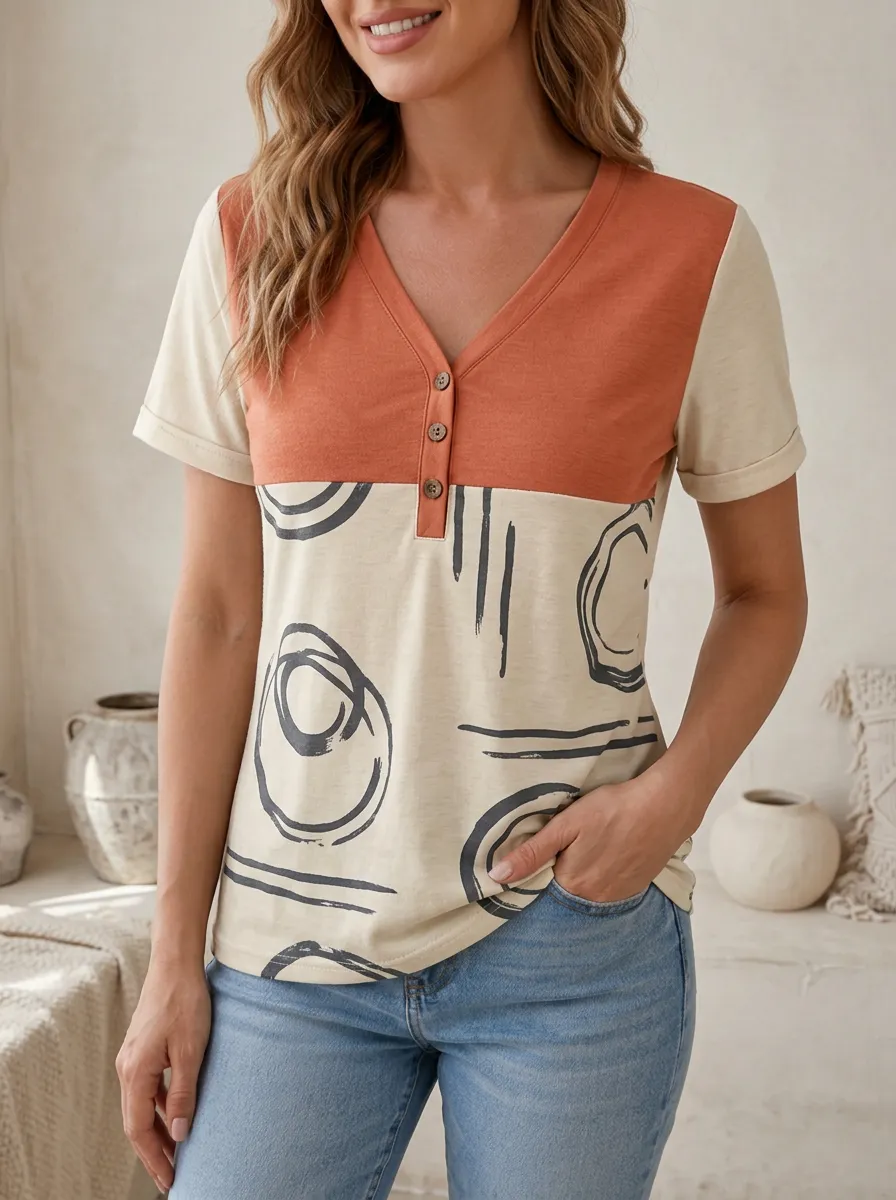 Women's Abstract Geometric Print Colorblock Henley Shirt