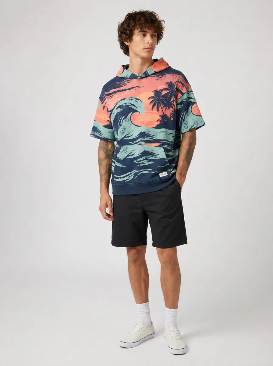 Men's Tropical Beach Sunset Wave Printed Short Sleeve Hoodie
