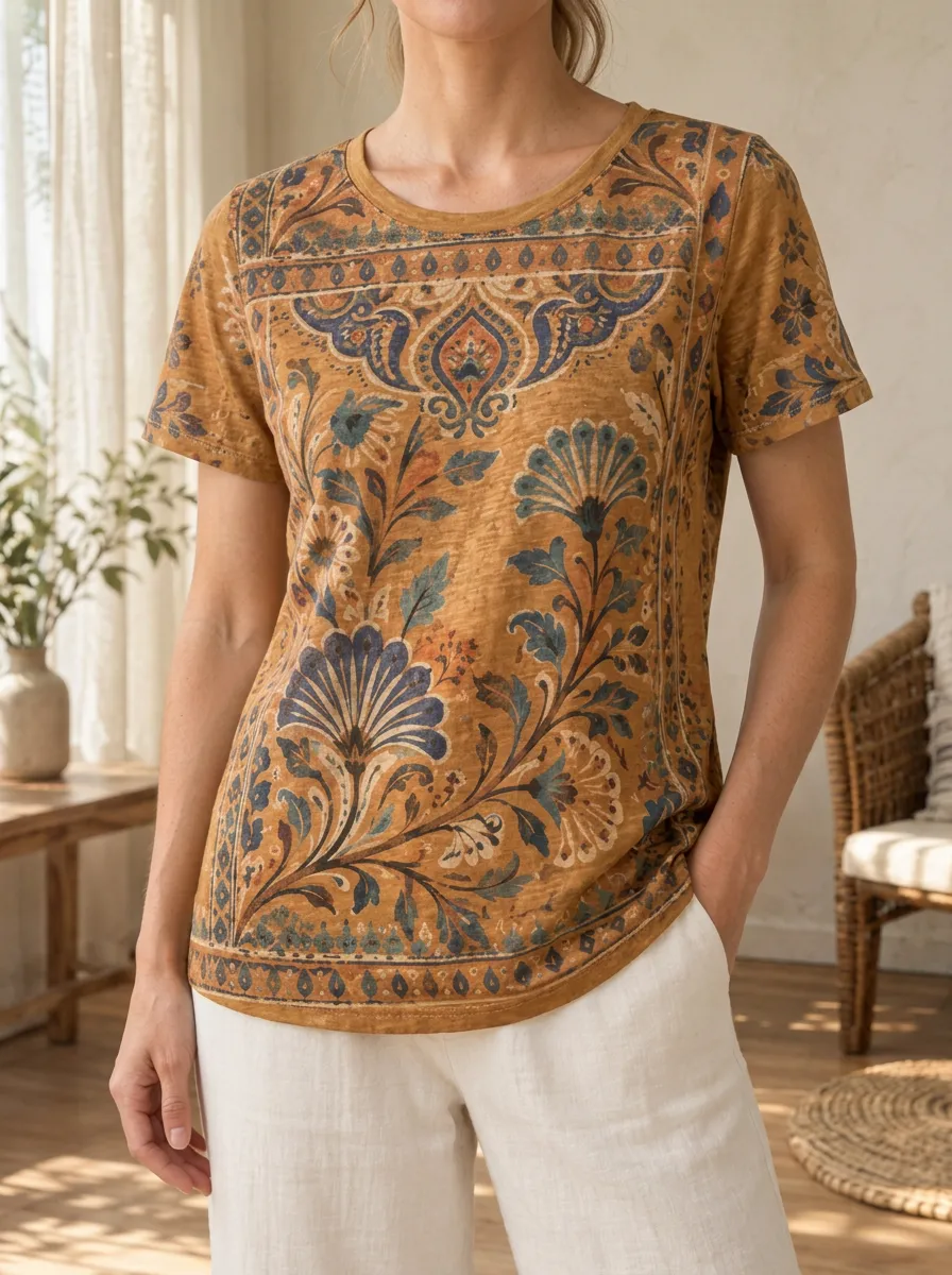 Women's Garden Bohemian Floral Pattern Crew Neck T-Shirt
