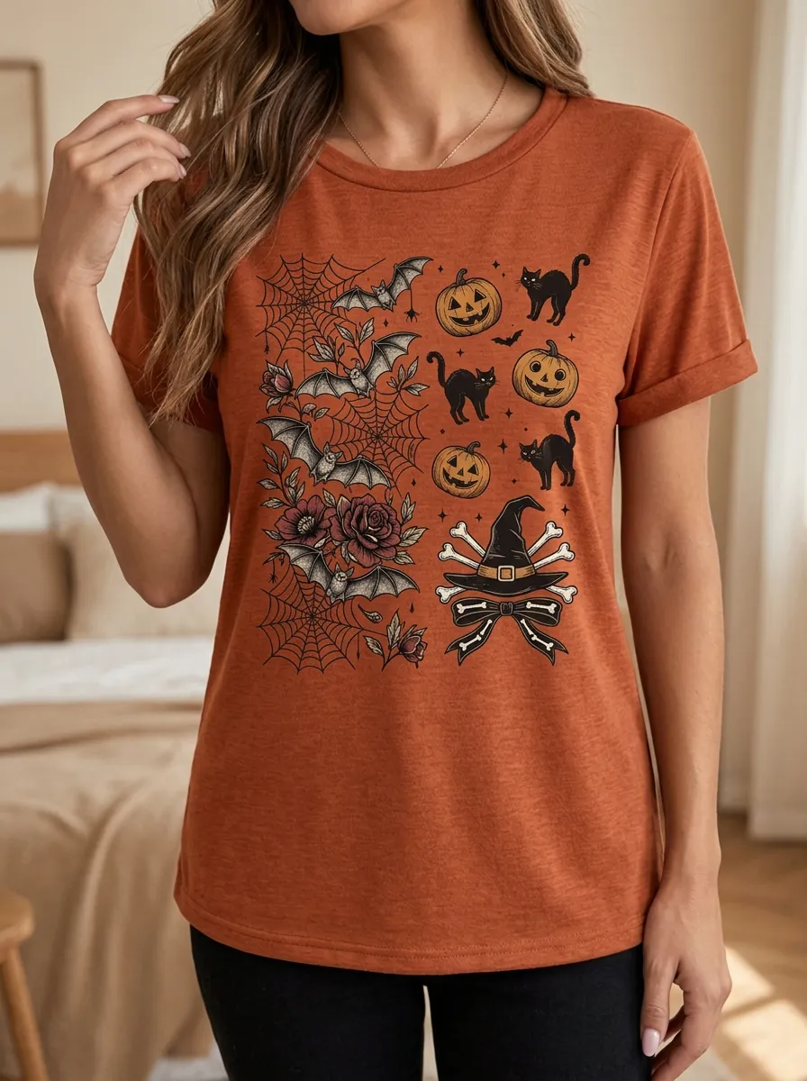Women's Halloween Pumpkin Bat Cat Floral Printed T-shirt