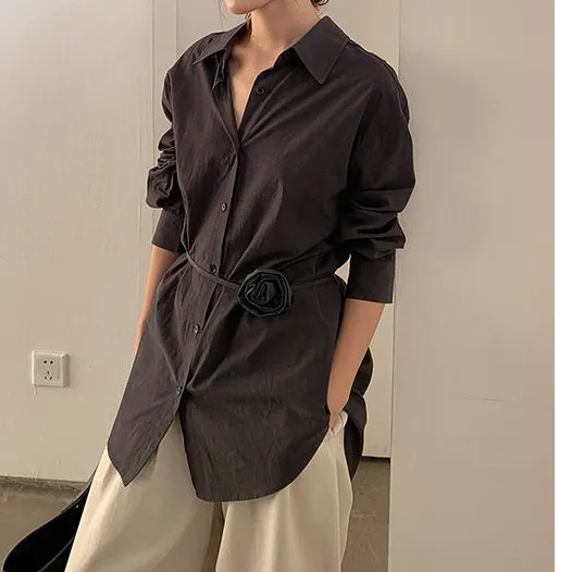 Streamlined Flower Print Tie Waist Slim Fit Long Sleeve Shirt