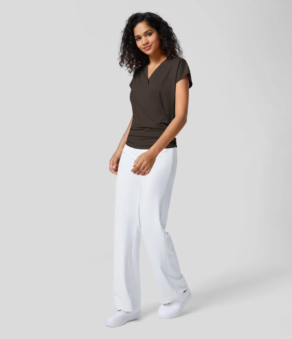 V Neck Cap Sleeve Crossover Ruched Solid Work Blouse
