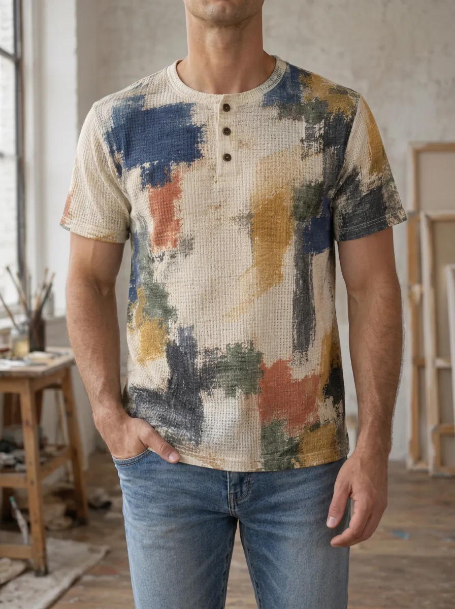 Men's Relaxed Abstract Paint Stroke Waffle Knit Henley T-Shirt