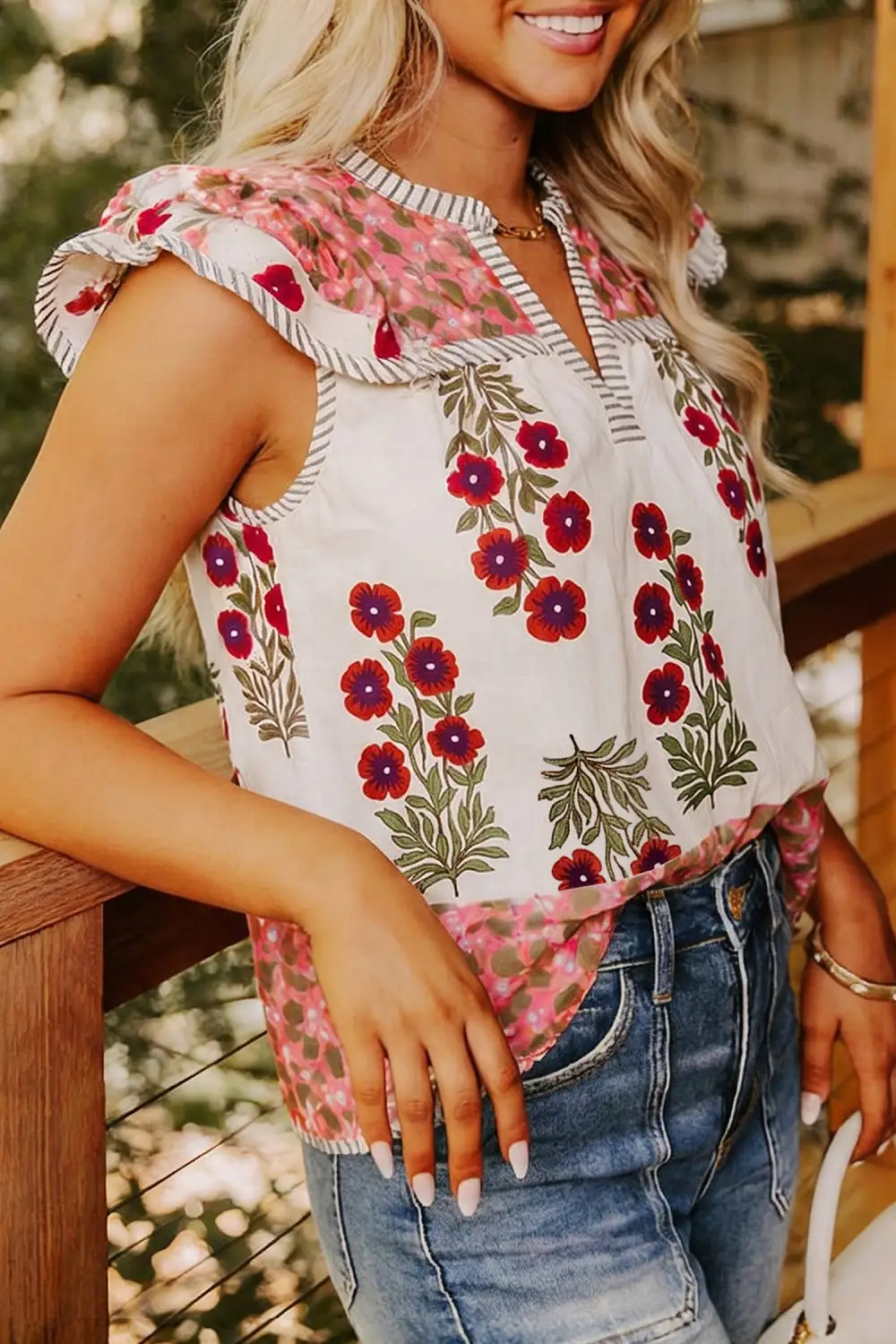 Floral Contrast Striped Trim Blouse