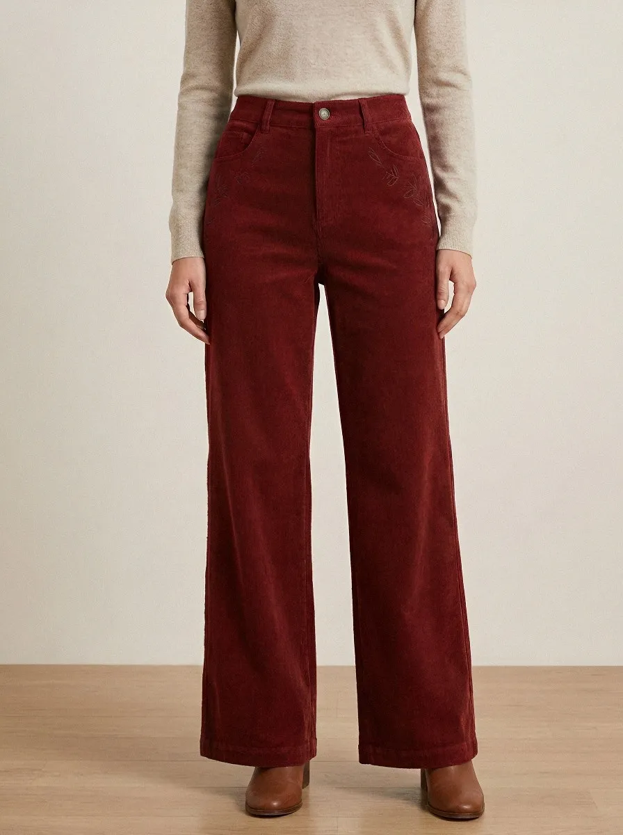 Women's Botanical Nature Lover Leaf Embroidered Corduroy Pants