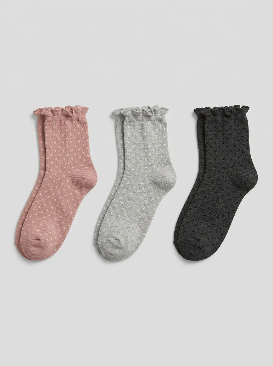 Women's Multicolor Polka Dot Ruffle-Trim Crew Muted Tone Socks 3-Pack