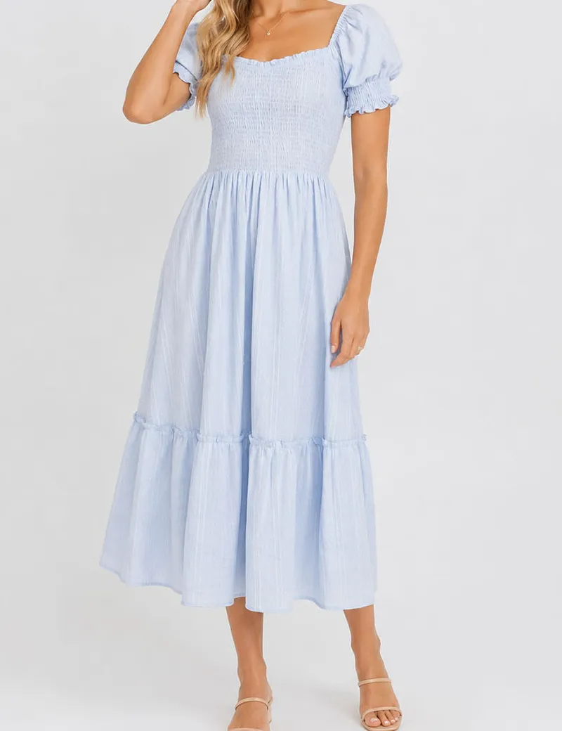 Romantic Dobby Textured Puff Sleeves Smocked Midi Dress