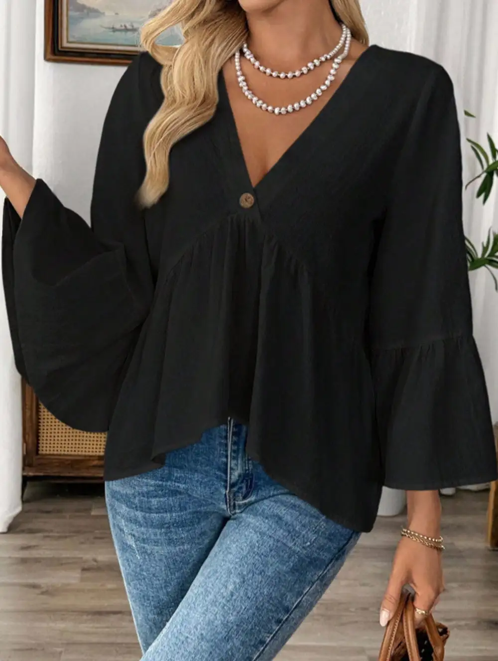 V-Neck Ruffle Sleeve Cotton Top