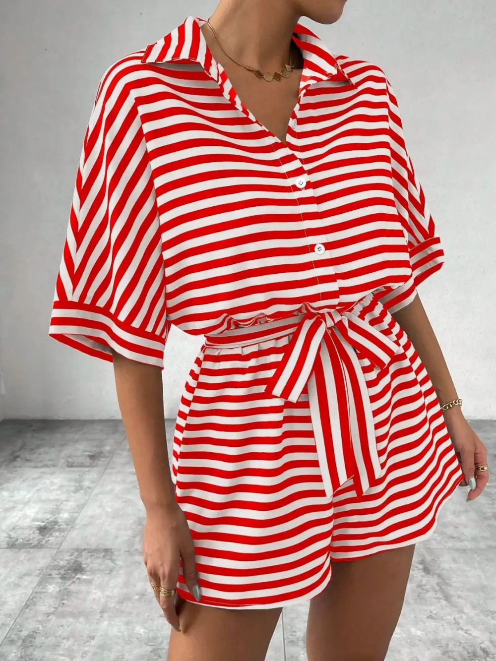 Tie Waist Half Button Romper