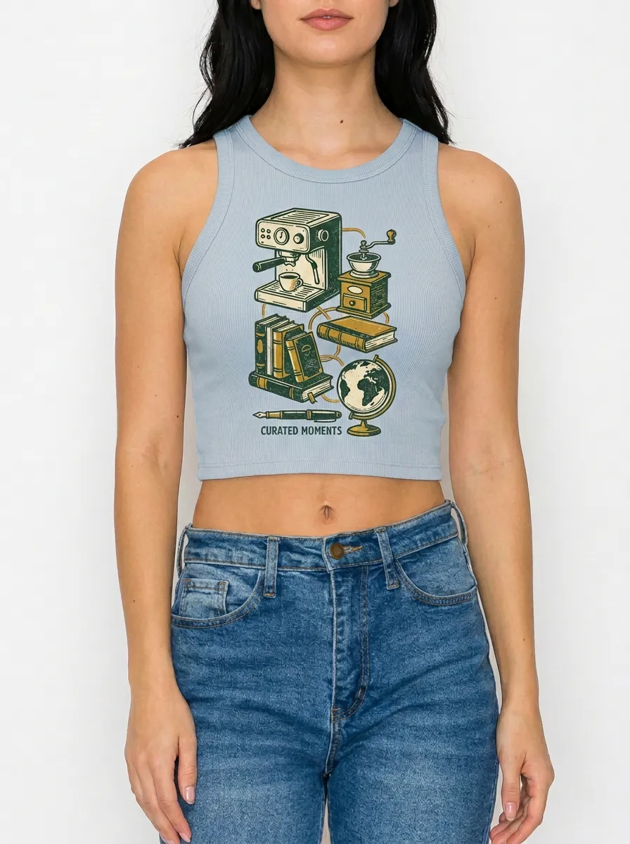 Women's Coffee Book Globe Curated Moments Printed Ribbed Crop Top