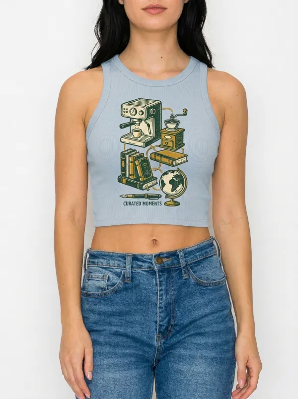 Women's Coffee Book Globe Curated Moments Printed Ribbed Crop Top