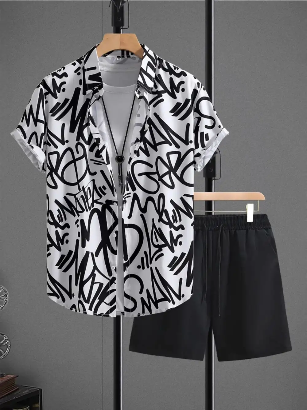 Letter Print Button Detail Shirt And Shorts Set
