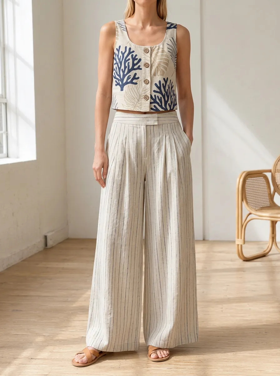 Women's Beach Vacation Leaf Patterned Button-Down Crop Wide Leg Pants Set