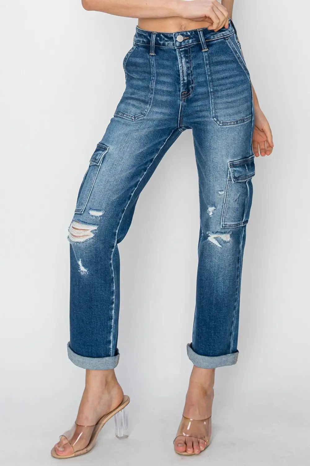 High Rise Cargo Ankle Roll Up Denim Jeans