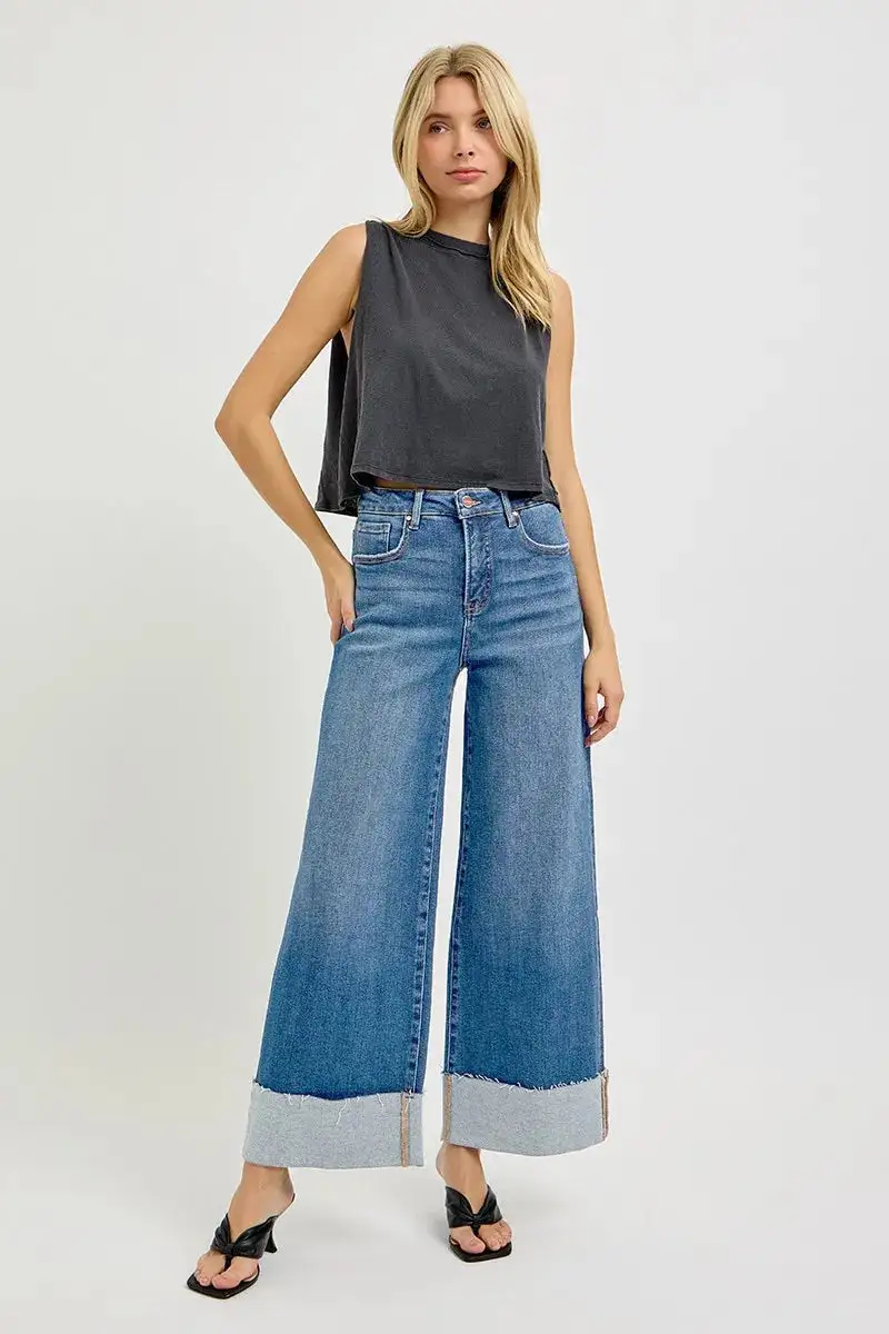 Relaxed High Waist Wide Leg Cuffed Denim Jeans
