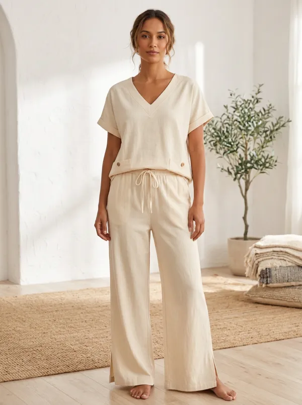Refined Button-Front Women's V-Neck Casual Lounge Set