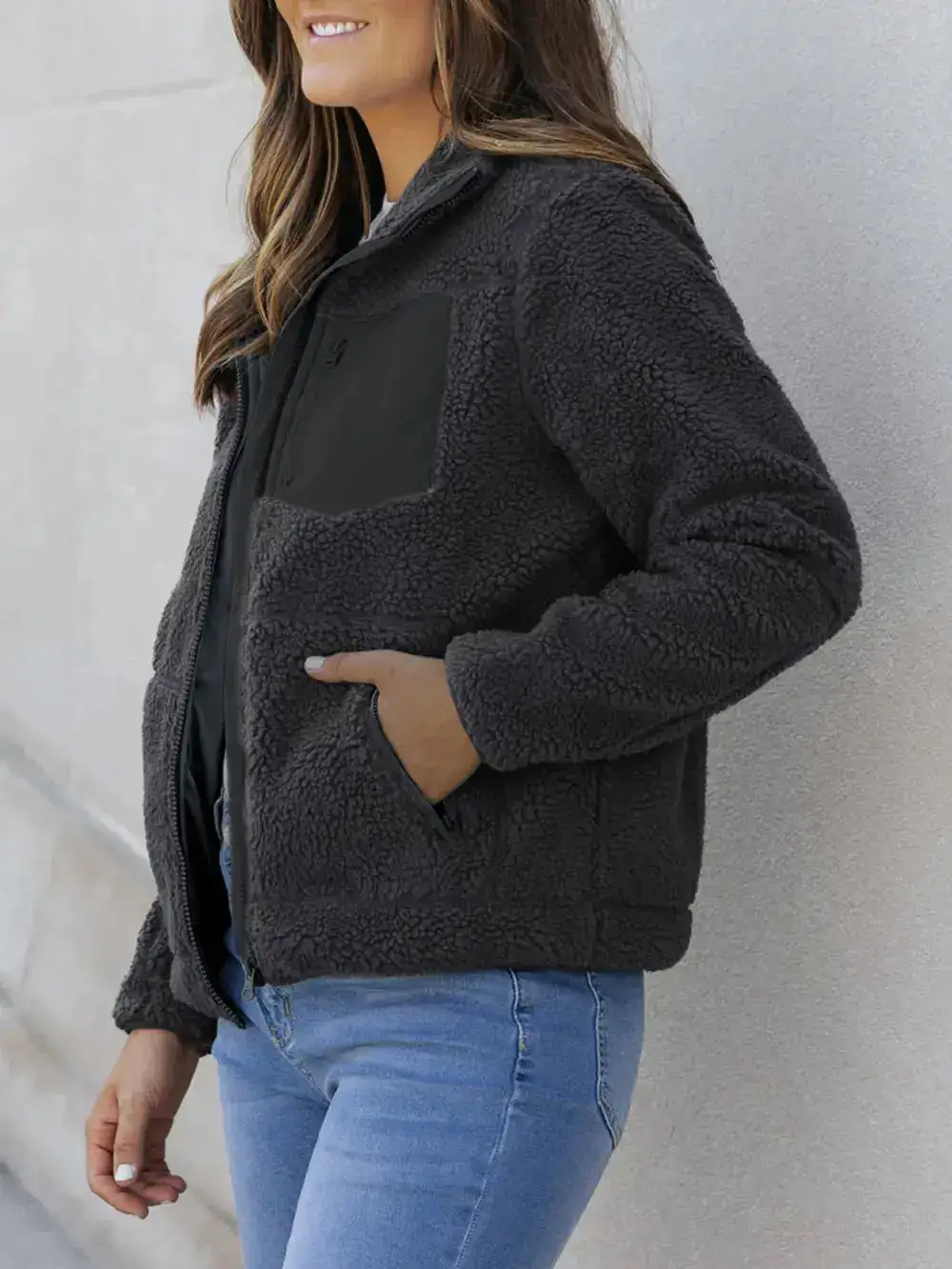 Plush Zip Front Pocketed Casual Jacket