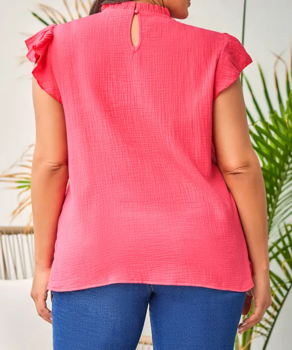 Flutter Sleeve Frilled Neck Textured Blouse