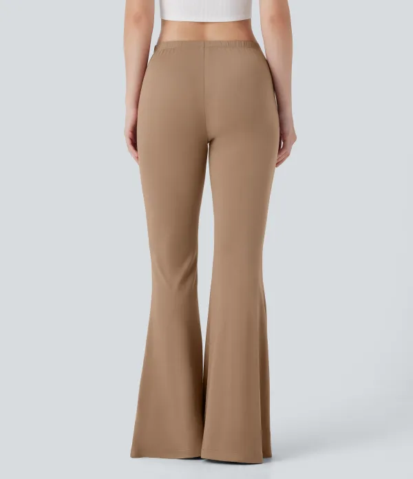 V Shaped Mid Rise Drawstring Flowy Casual Flare Pants
