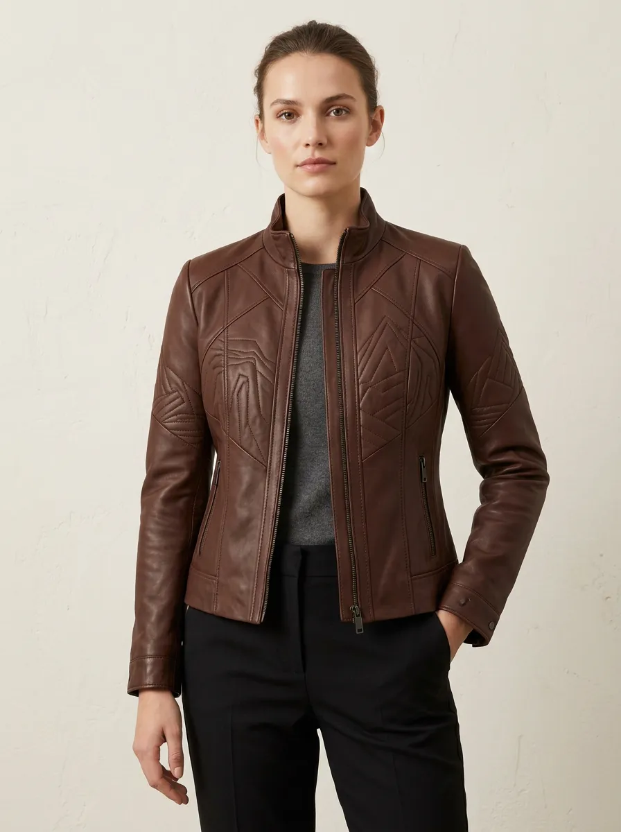 Geometric Quilted Stitched Leather-Look Jacket
