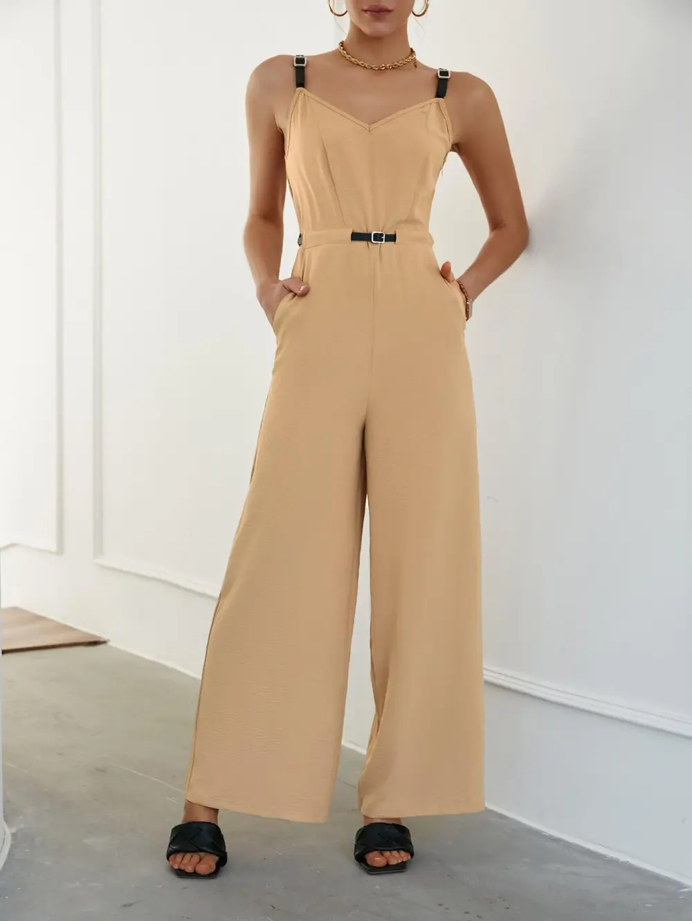 Belted Wide Leg Pockets Jumpsuit