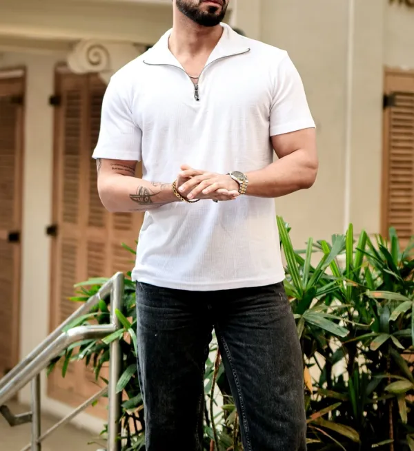 White Polo Style Short Sleeve Casual Shirt