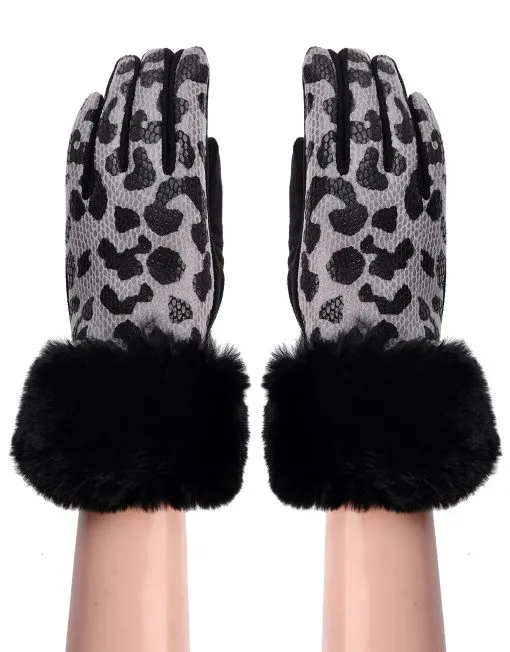 Leopard Print Fur Trim Gloves