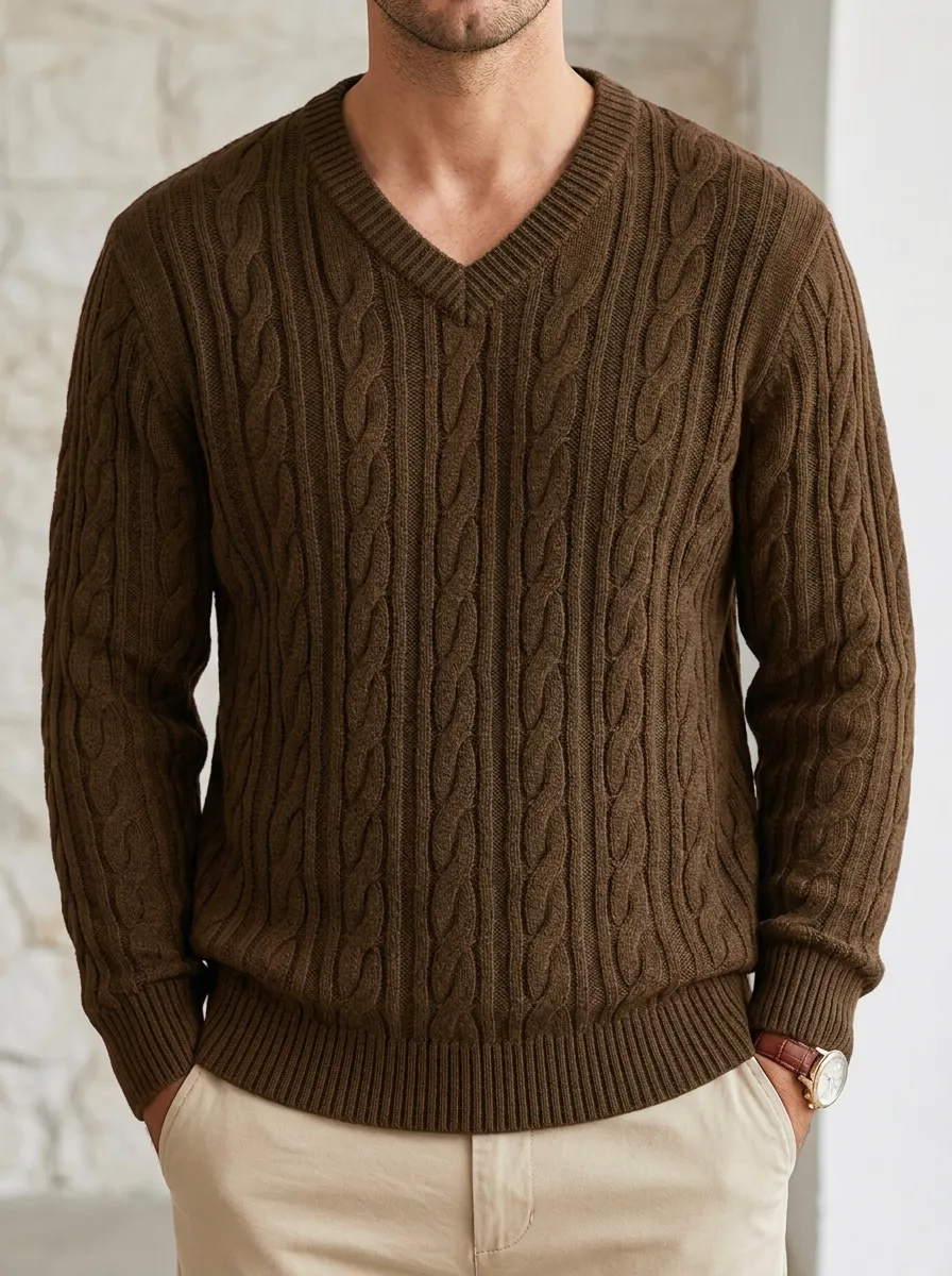 Men’s Ribbed Cable-Knit V-Neck Everyday Sweater