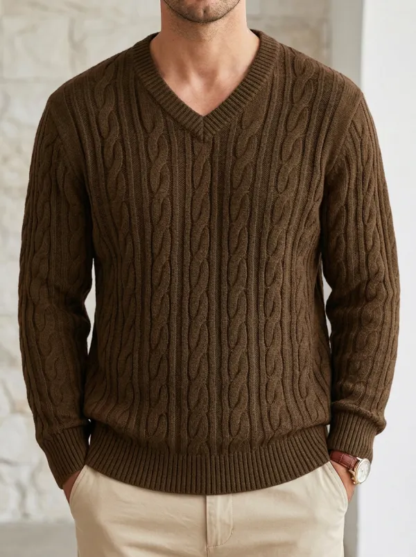 Men’s Ribbed Cable-Knit V-Neck Everyday Sweater