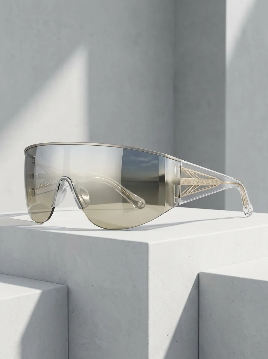 Unisex Futuristic Shield Gold Trimmed Mirrored Sunglasses