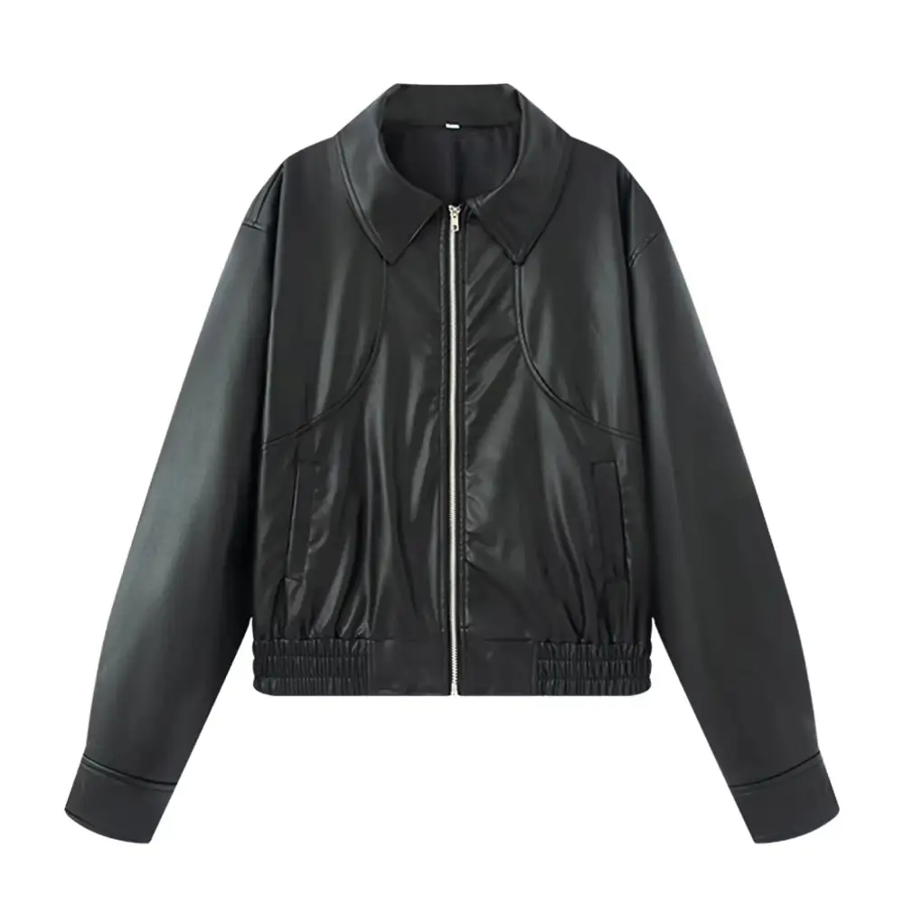 Oversized Faux Leather Shirt Collar Elastic Hem Bomber Jacket