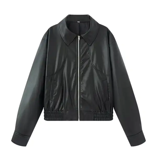 Oversized Faux Leather Shirt Collar Elastic Hem Bomber Jacket