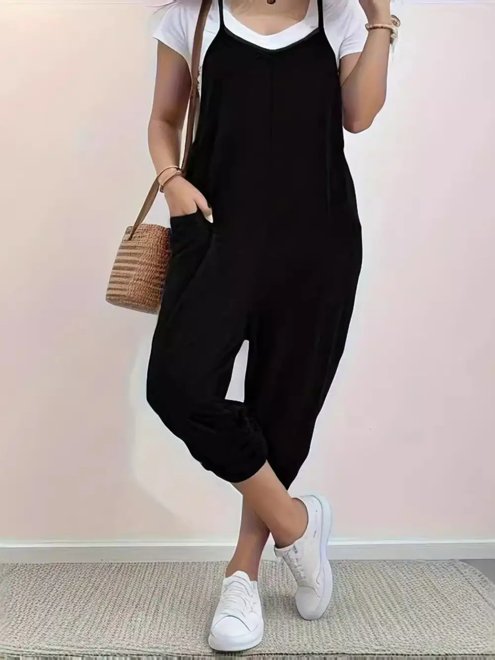 Casual Loose Fit Spaghetti Strap Jumpsuit Accessory