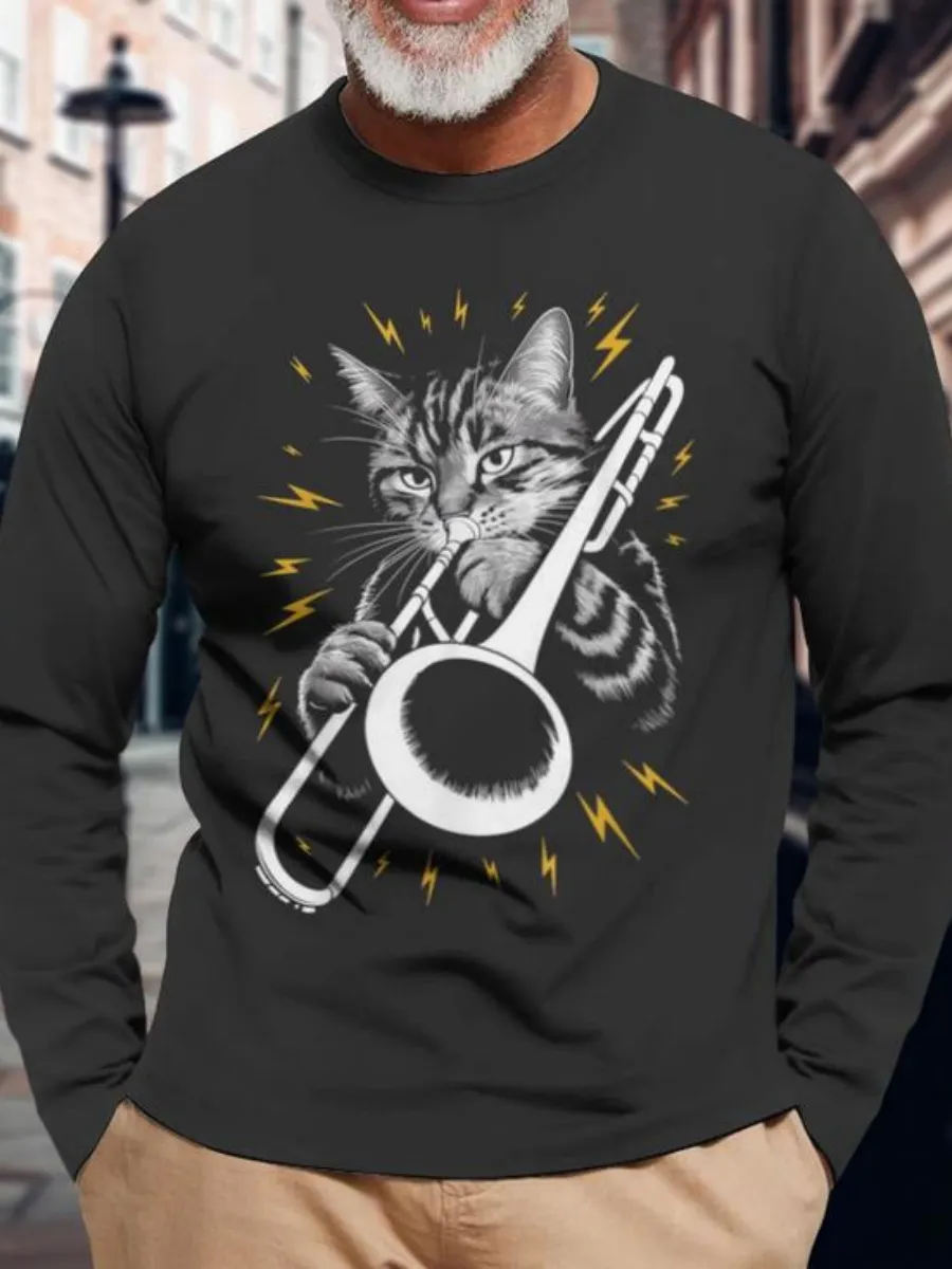 Musician Cat Printed Long Sleeve T-Shirt
