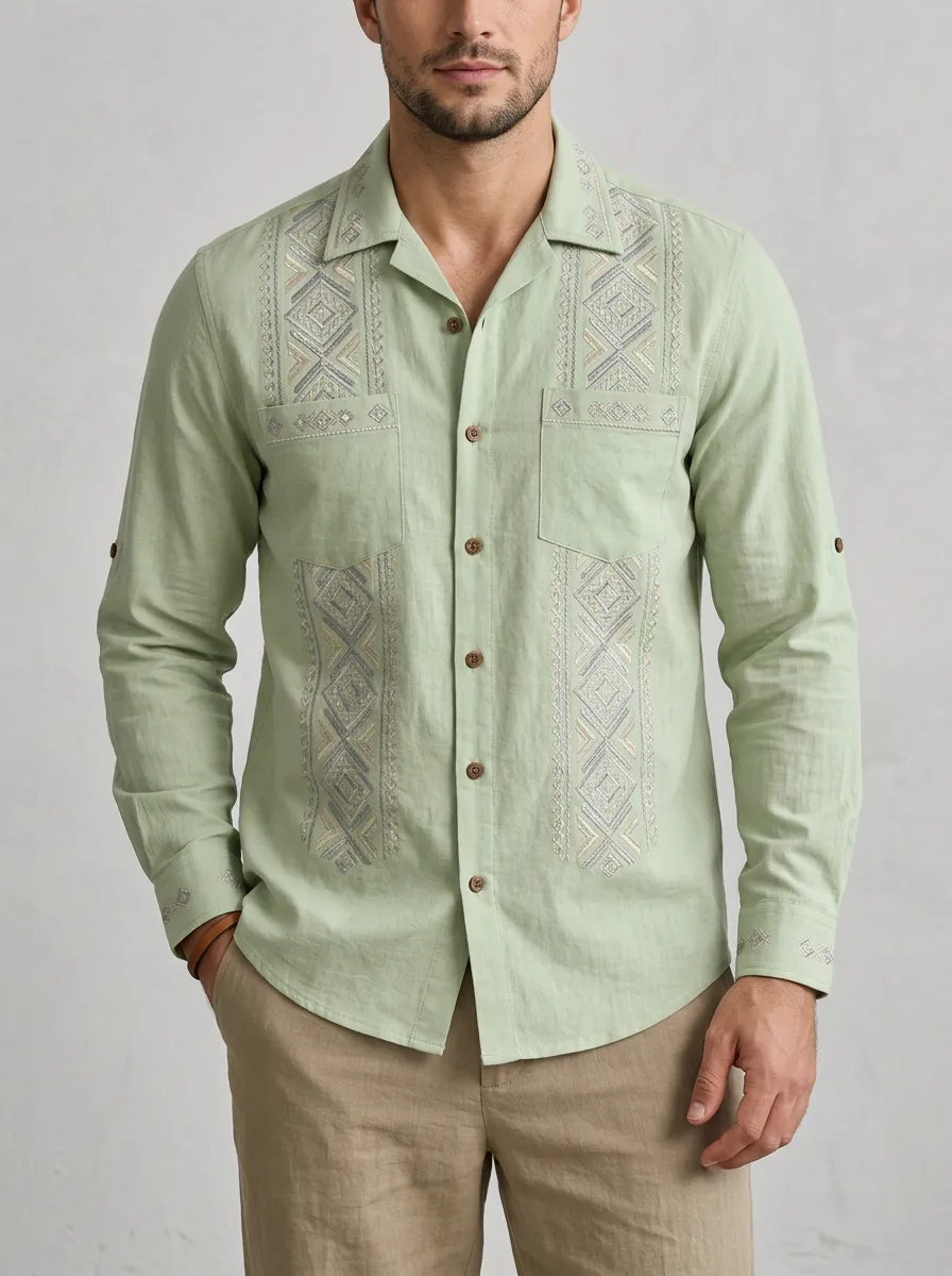 Men's Boho Inspired Geometric Boho Embroidered Linen Shirt