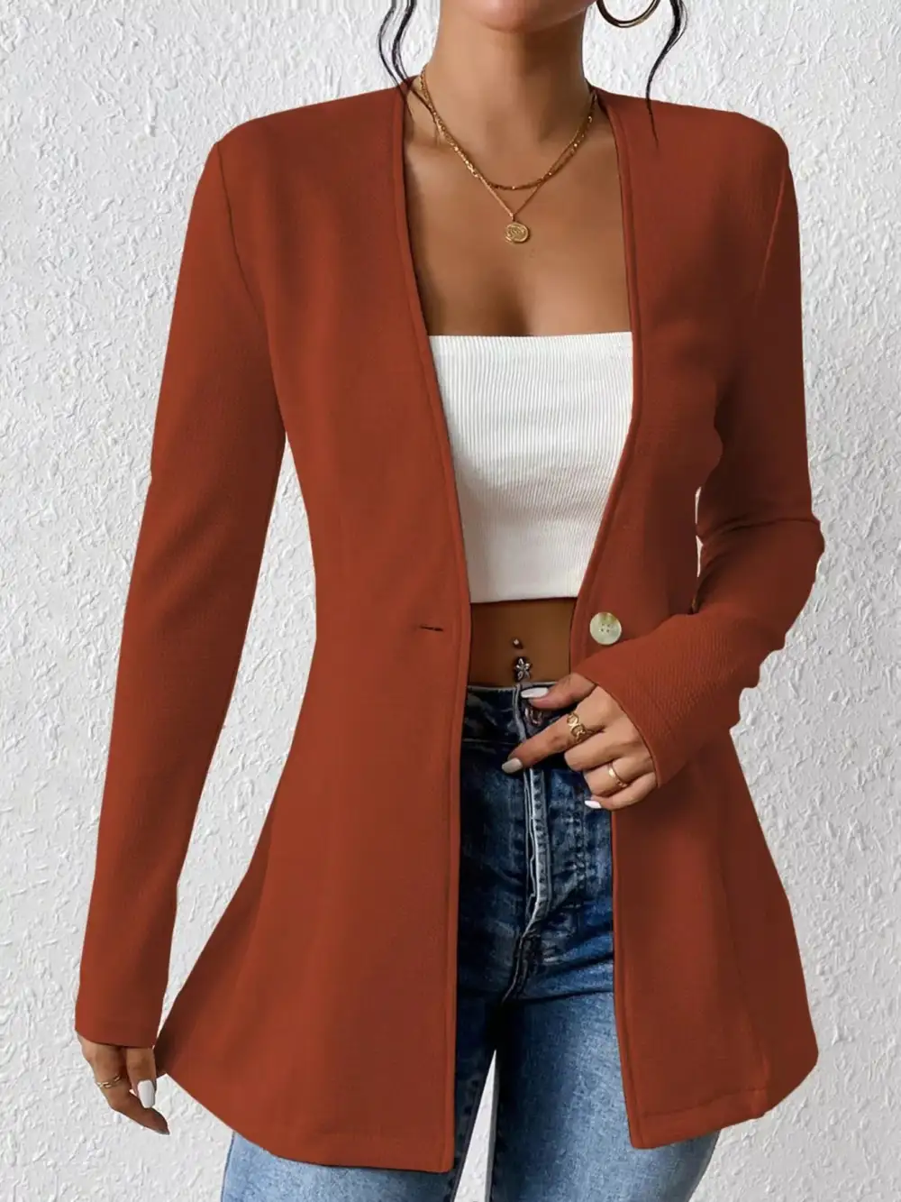 One Button Long Sleeve Blazer Easy Layering Piece