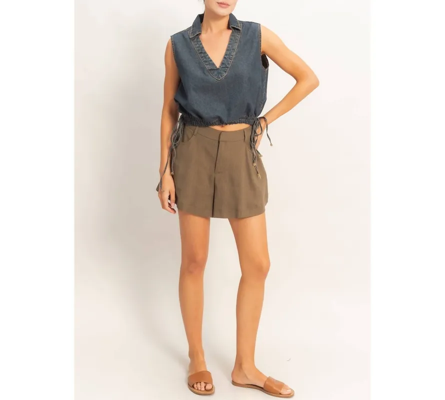 Collared V-Neck Drawstring Tank