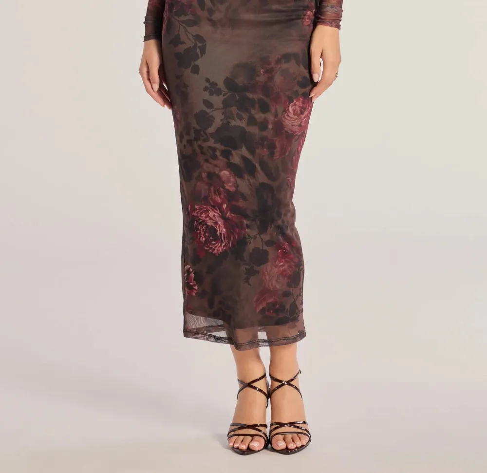 Brown Abstract Print Floral Mesh High-Rise Maxi Skirt