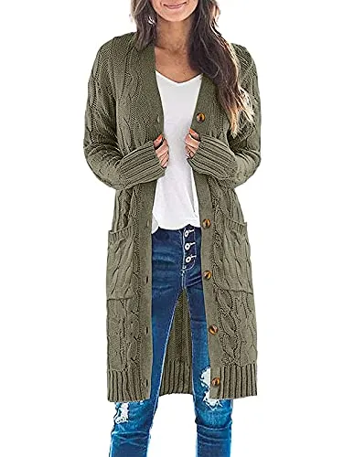 Womens Long Sleeve Cable Knit Long Cardigan Open Front Button Sweater Outerwear