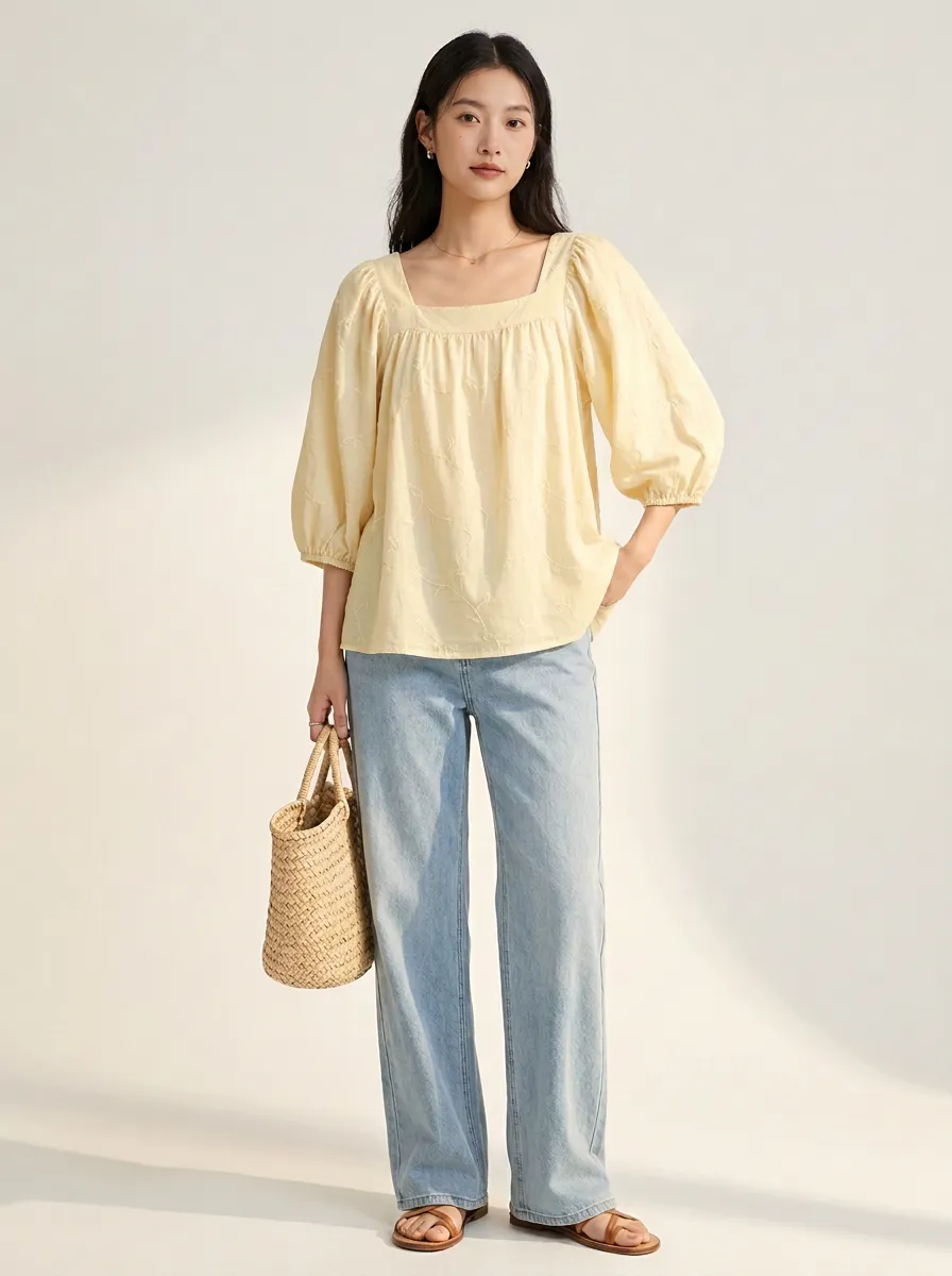 Relaxed Embroidered Women's Puff-Sleeve Blouse