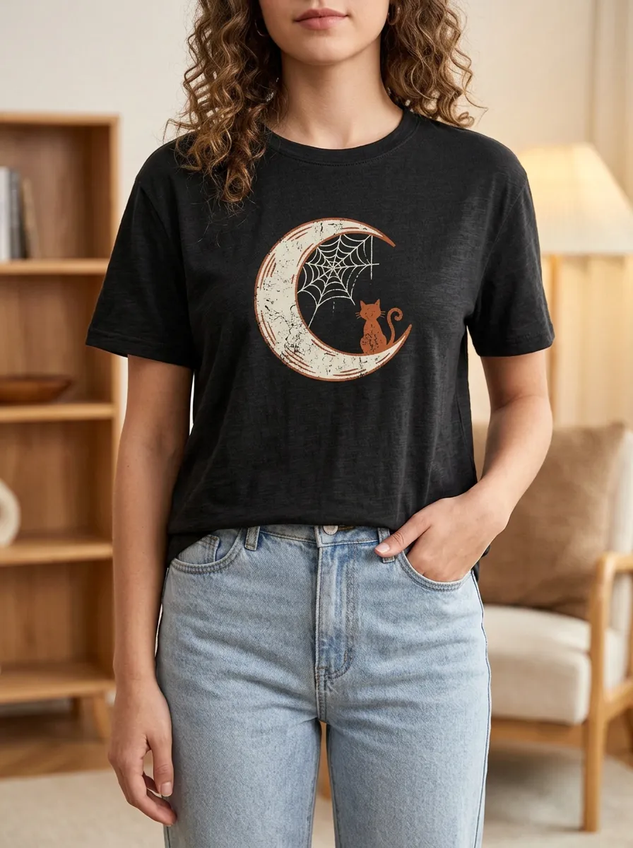 Women's Halloween Cat Moon Spiderweb Printed T-shirt