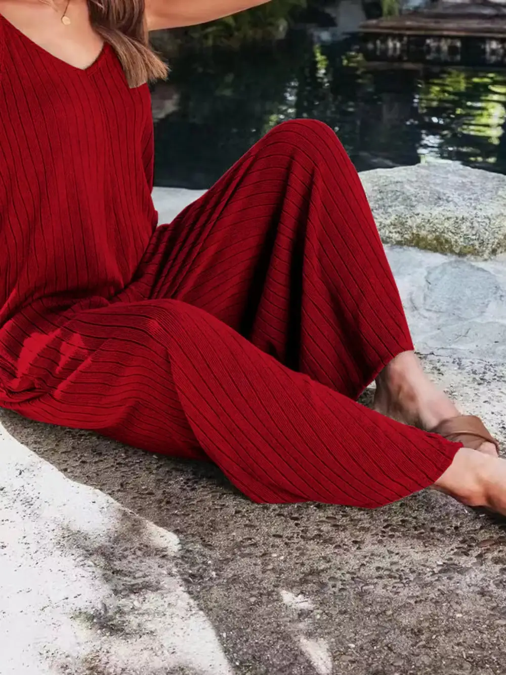 Ribbed V Neck Wide Leg Jumpsuit