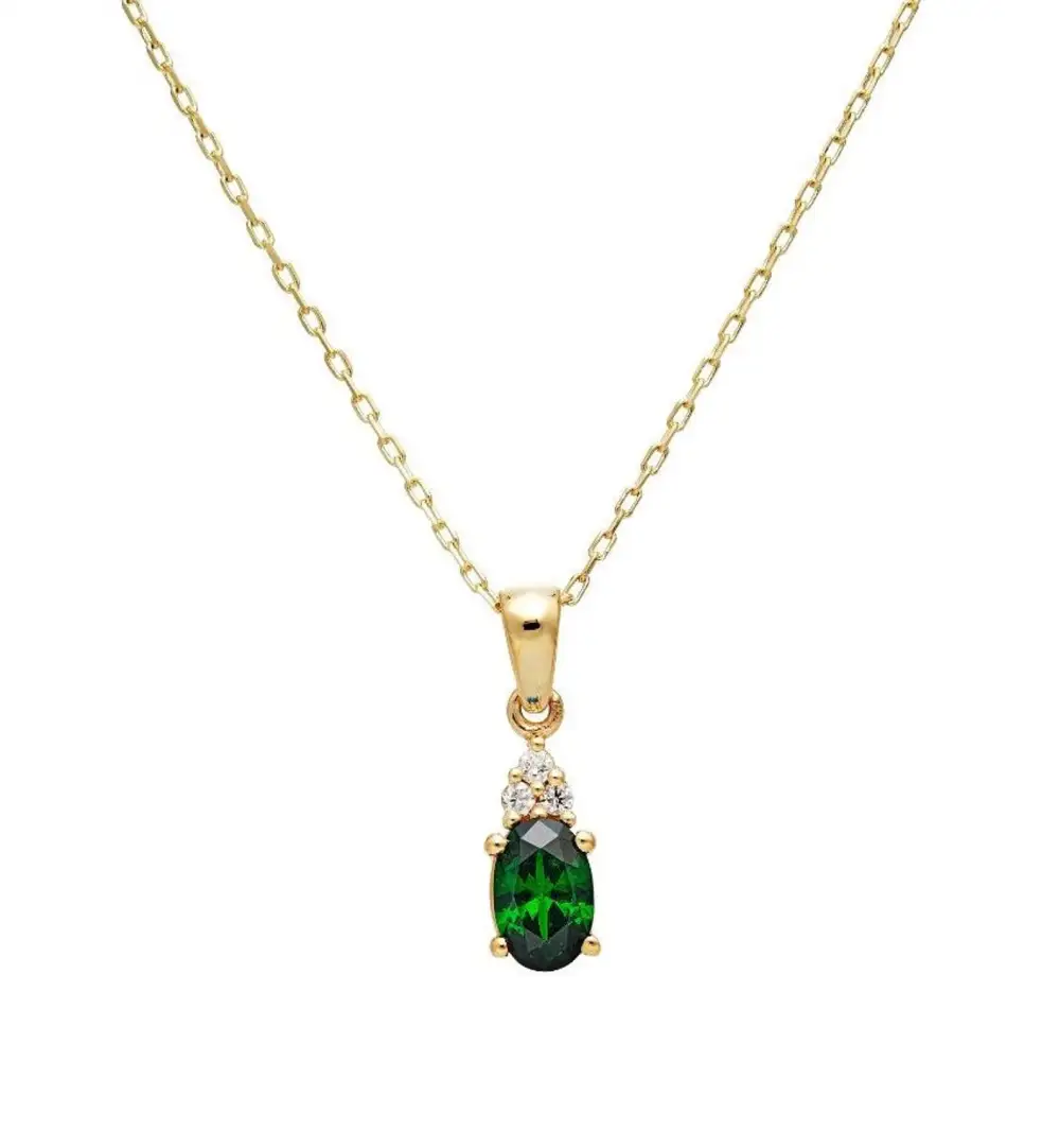 Dainty Diamond and Oval Emerald Solitaire Necklace